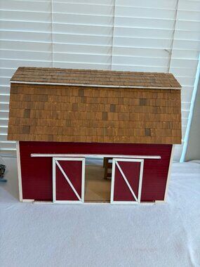 Handcrafted Wooden Red Barn Dollhouse With White Trim & Two Levels